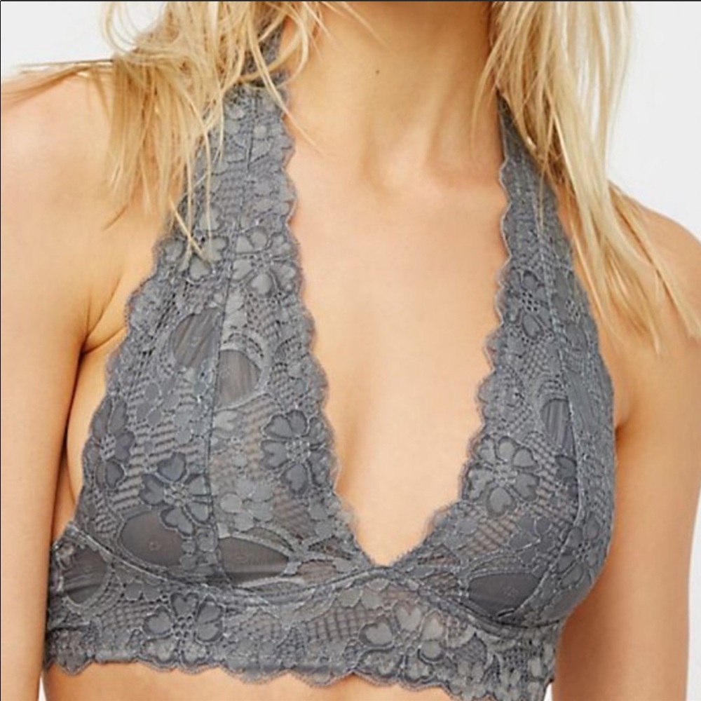 🔥FREE PEOPLE🔥Galloon Lace Halter Bralette Sexy Bra Top Gray XS NWT - Picture 1 of 4